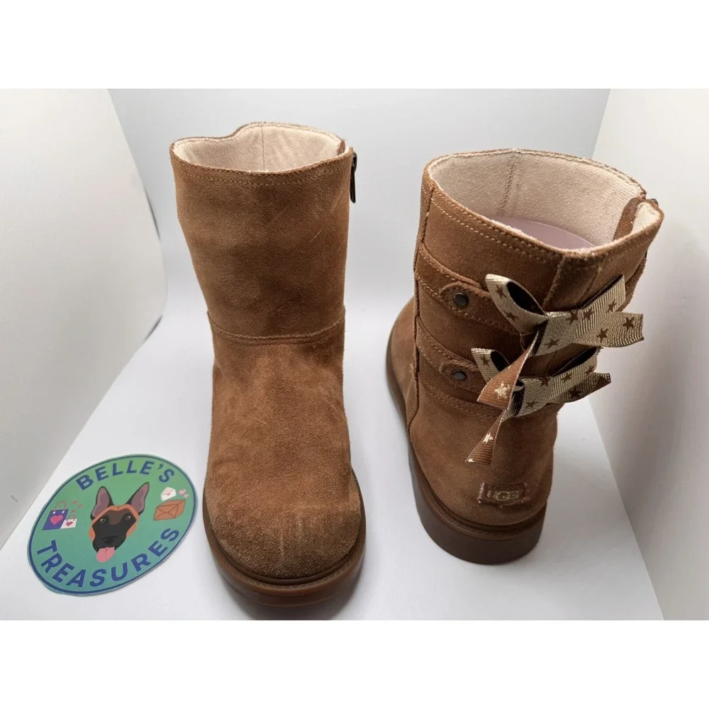 UGG Bailey Bow Boots Kids‎ 5 Tall Chestnut Suede Tillee Star Ribbon Warm Sherpa